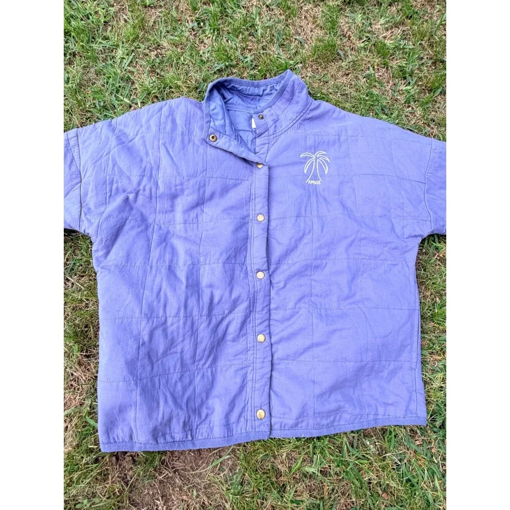 Amuse Society Quilted‎ Snap Front Jacket Periwinkle Blue Palm Tree Logo L/XL